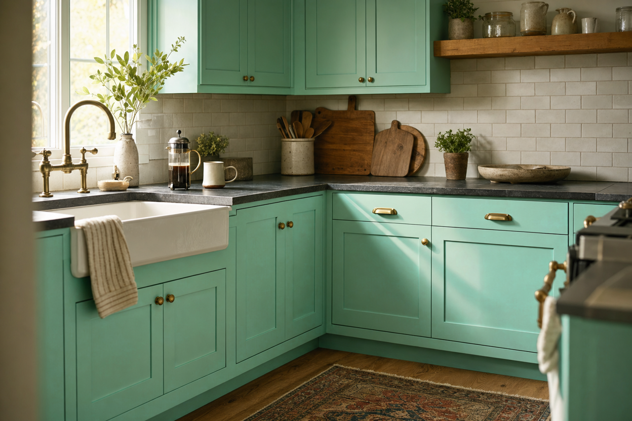 Sea Treasure by Valspar on cabinets