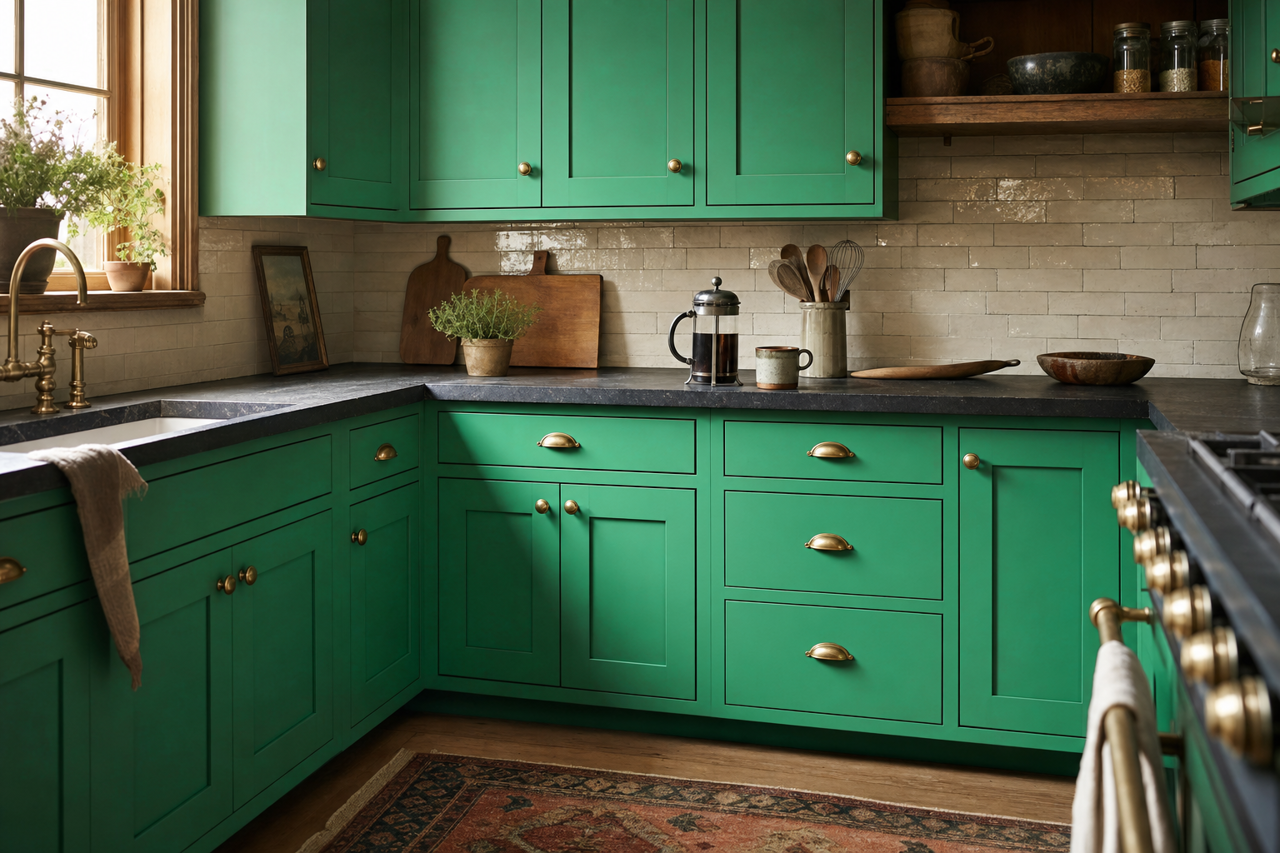 Cosmic Green by Valspar on cabinets