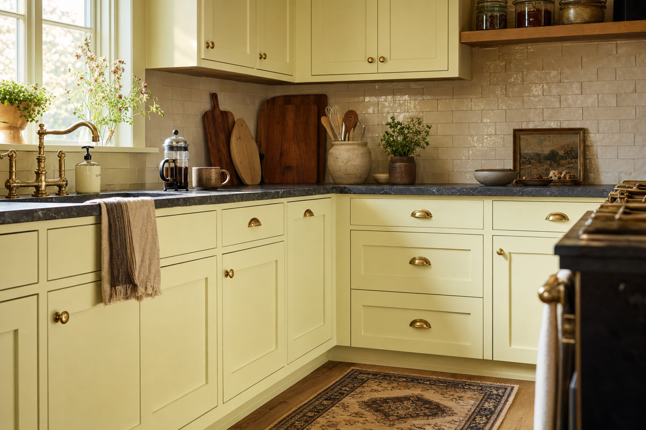Ambrosia Mist by Valspar on cabinets