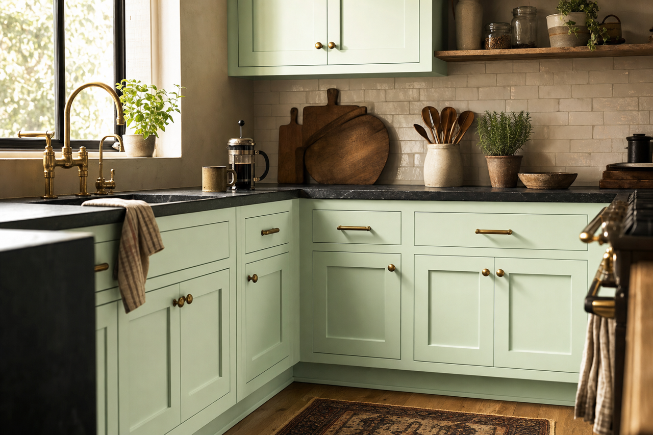Garden Mist by Valspar on cabinets