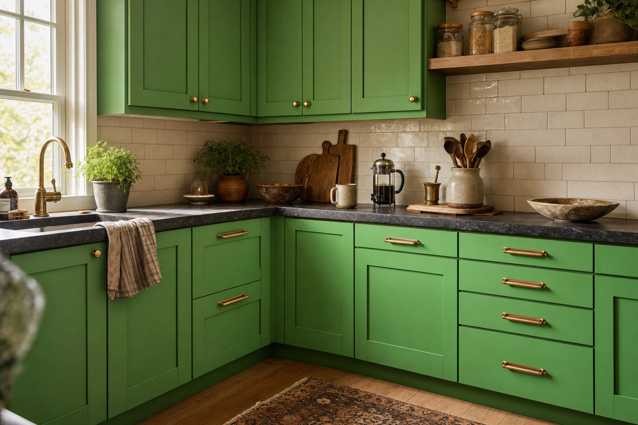 Polly Green by Valspar on cabinets