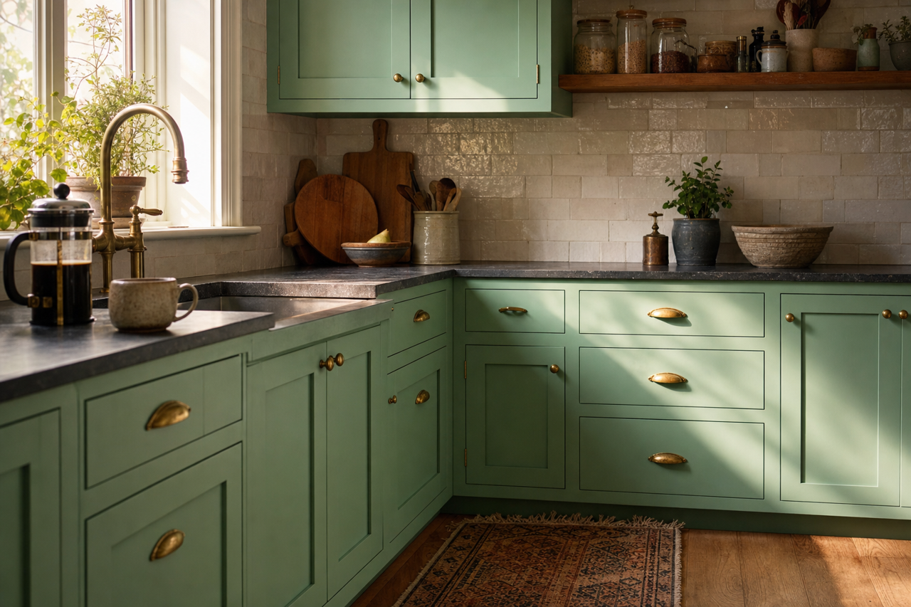 Green Gala by Valspar on cabinets