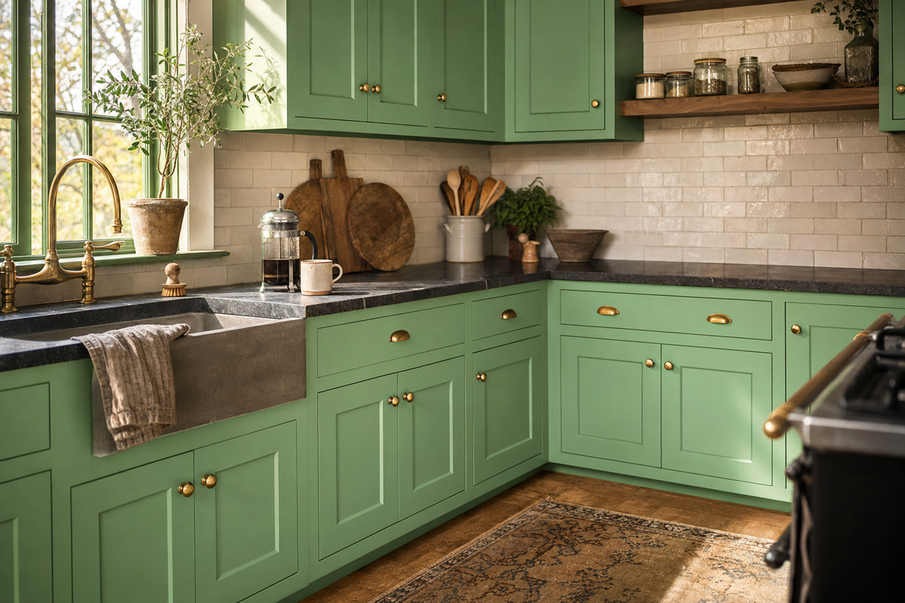 Green Shimmer by Valspar on cabinets