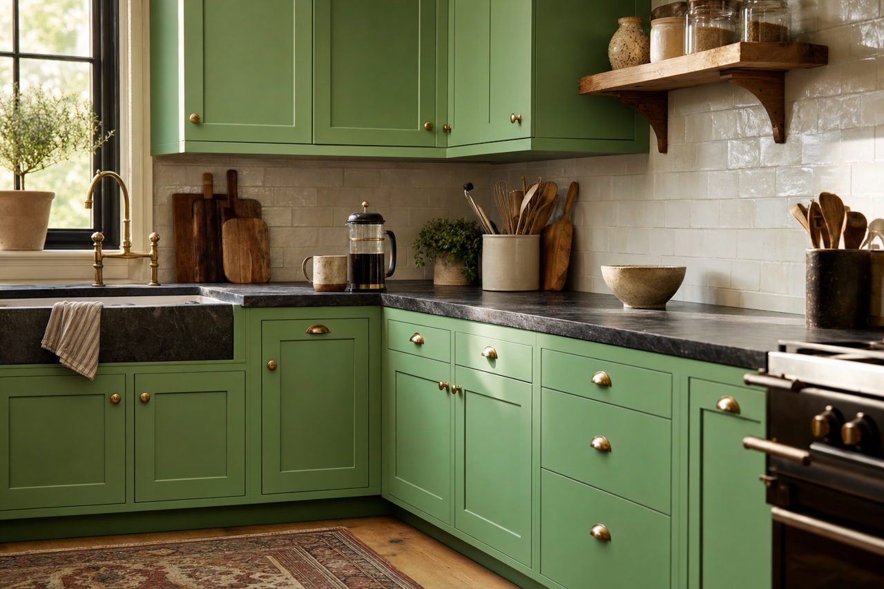 Green Galore by Valspar on cabinets