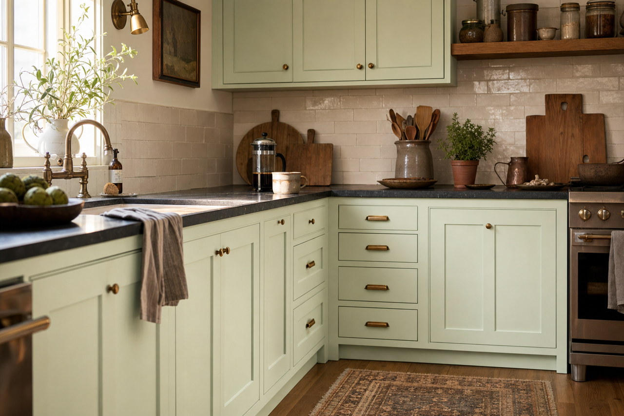 Mint Mist by Valspar on cabinets