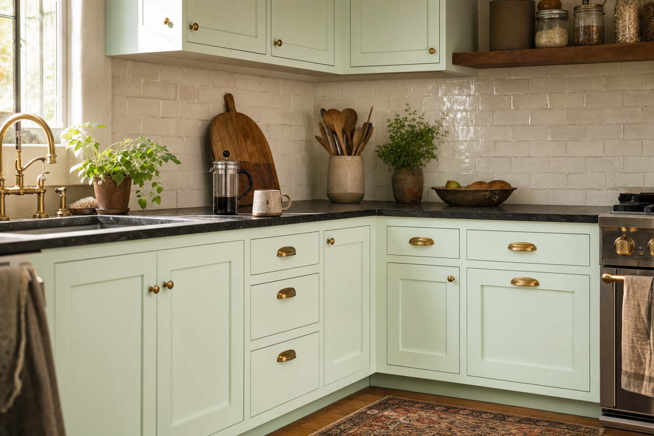 Mint Hint by Valspar on cabinets