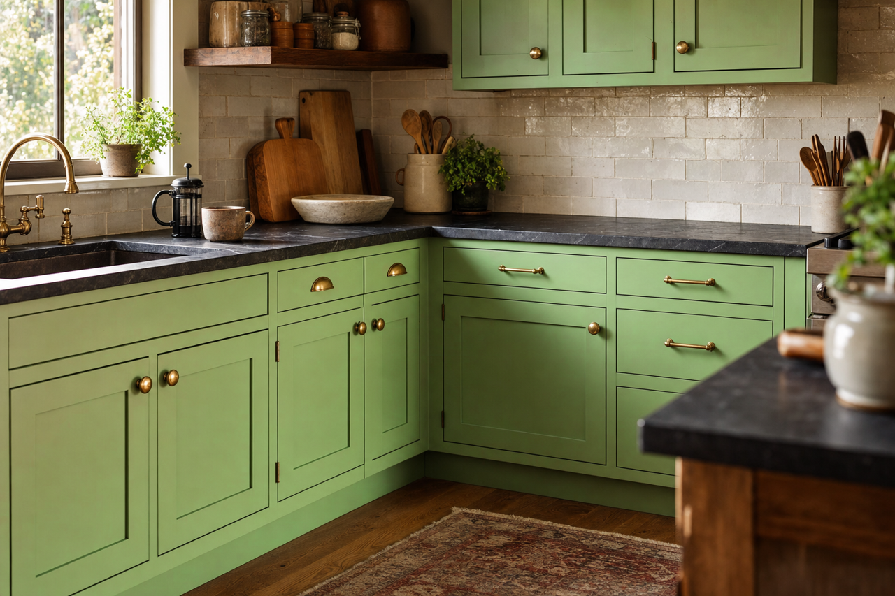 Jaunty Green by Valspar on cabinets