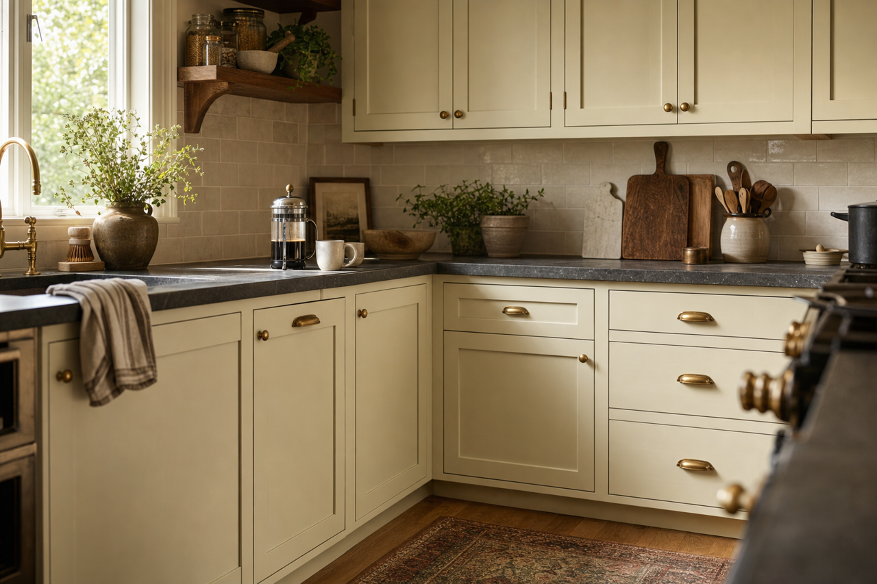 Olive White by Valspar on cabinets
