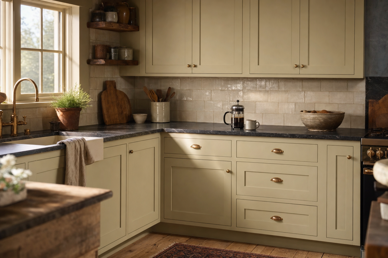 Brown Buzz by Valspar on cabinets
