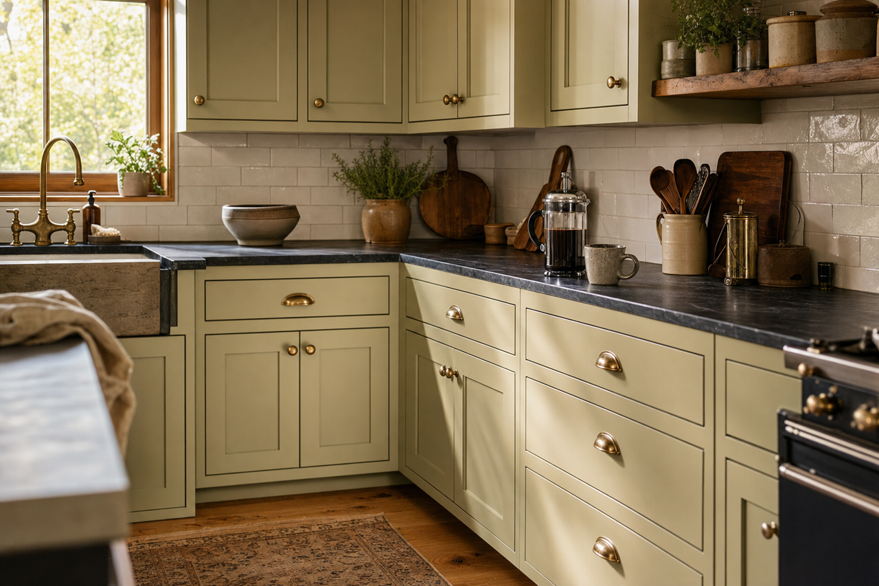 Oakmoss by Valspar on cabinets