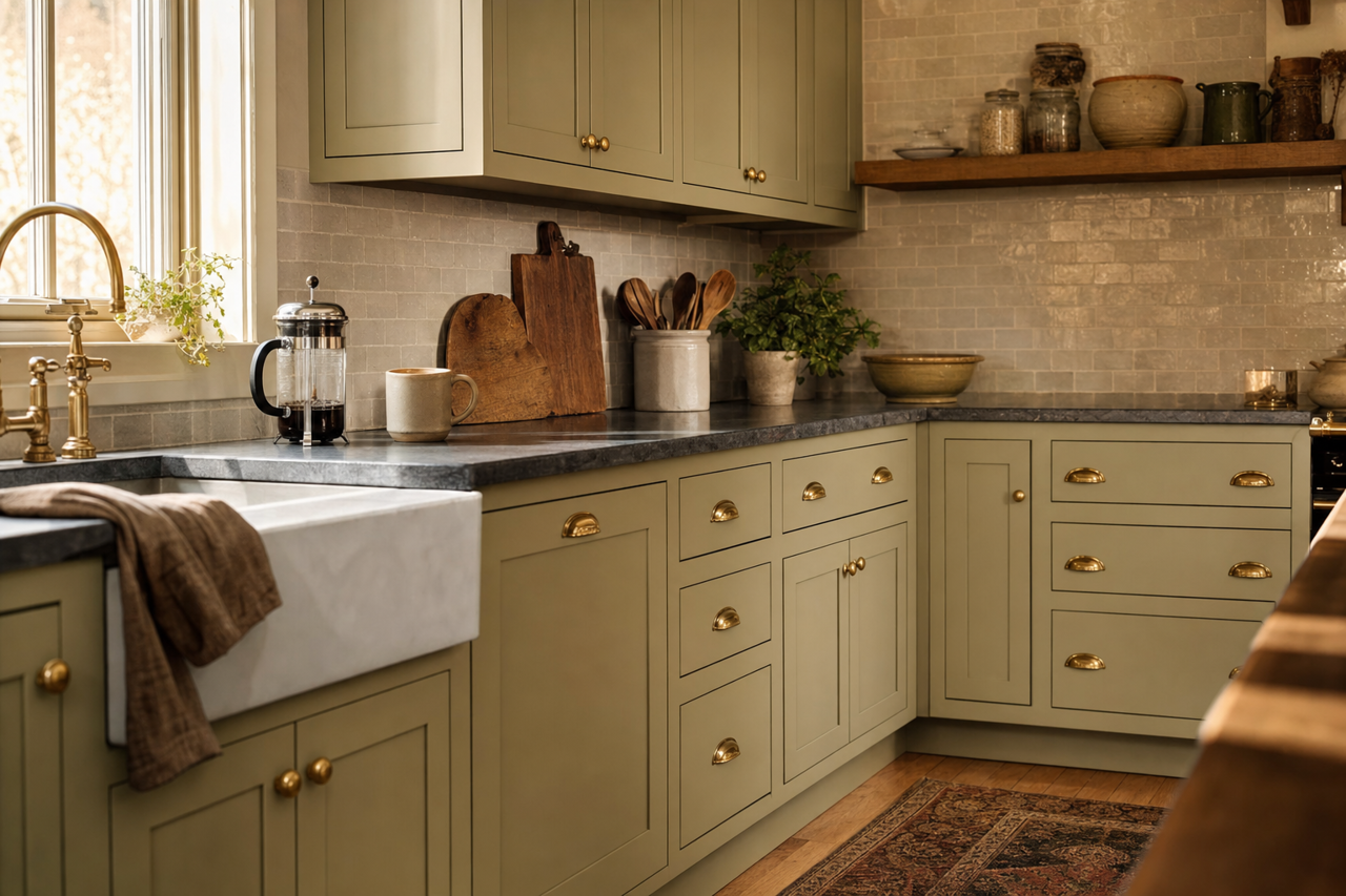 Dusty Olive by Valspar on cabinets
