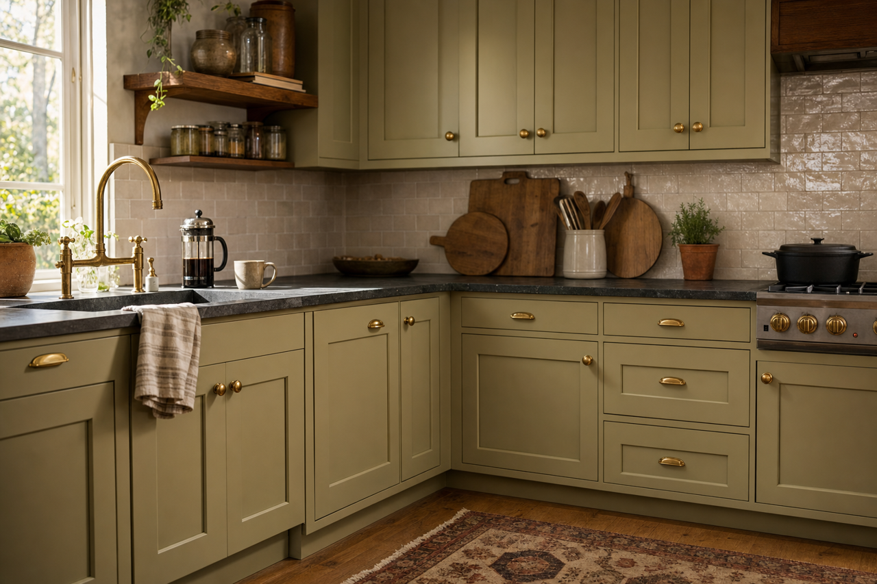 Ripe Olives by Valspar on cabinets