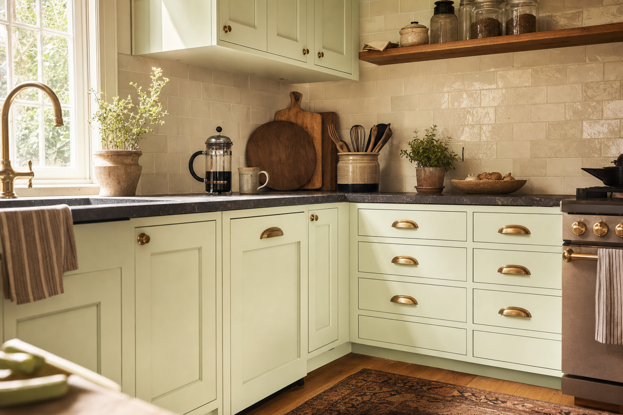 Green Mist by Valspar on cabinets