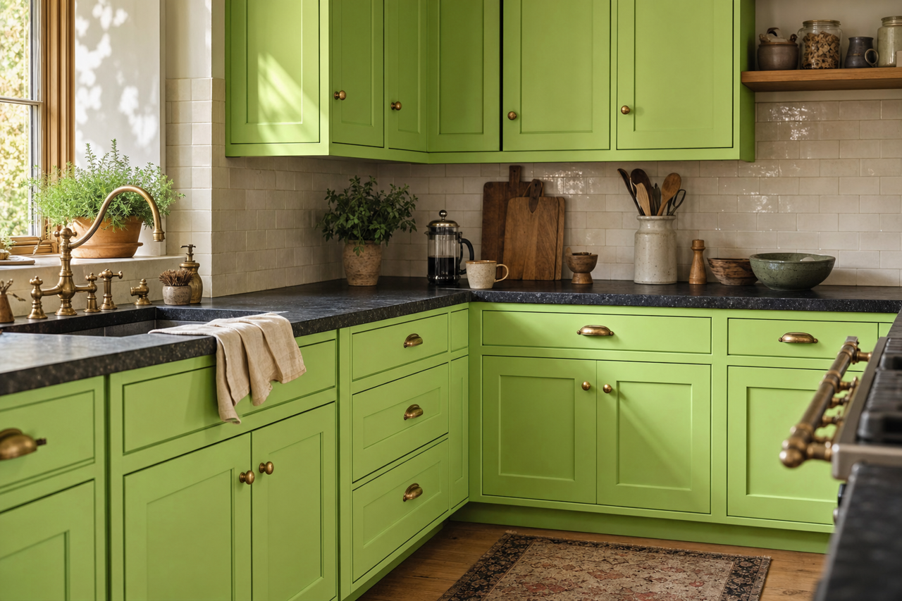 Spring Lime by Valspar on cabinets