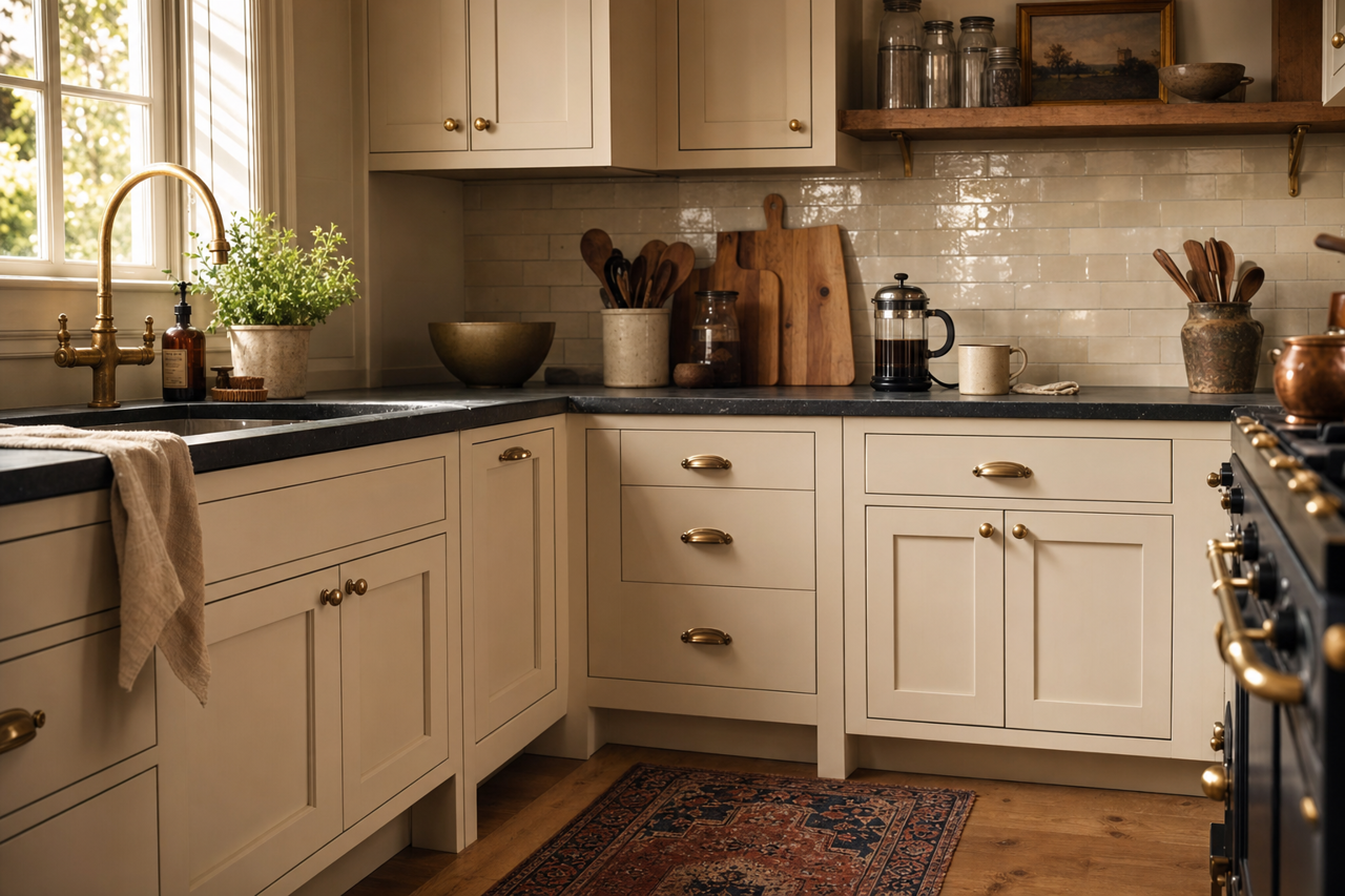 Warm Putty by Valspar on cabinets