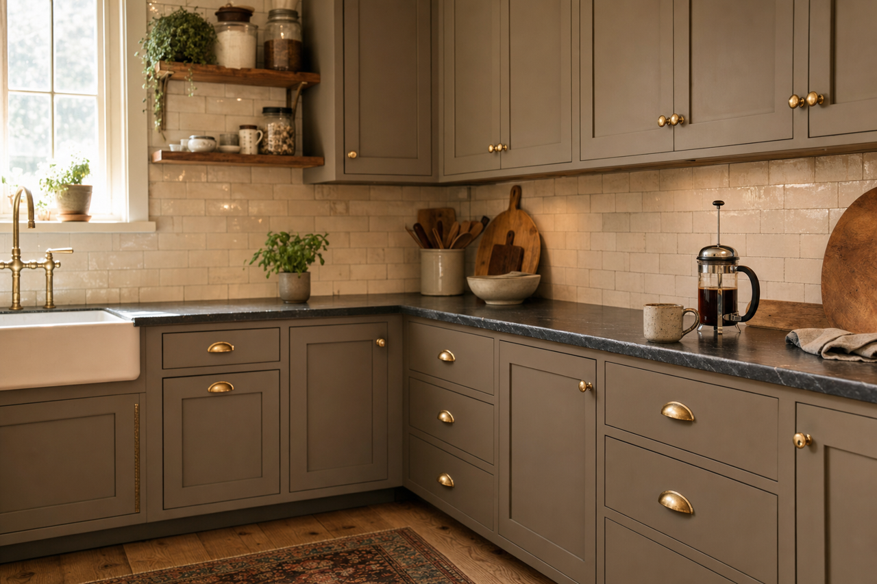 Roasted Sepia by Valspar on cabinets