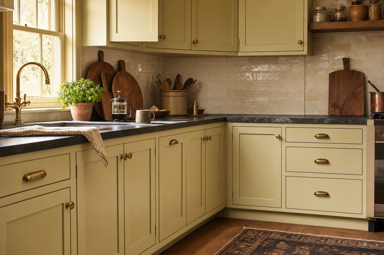 Bayou Shade by Valspar on cabinets