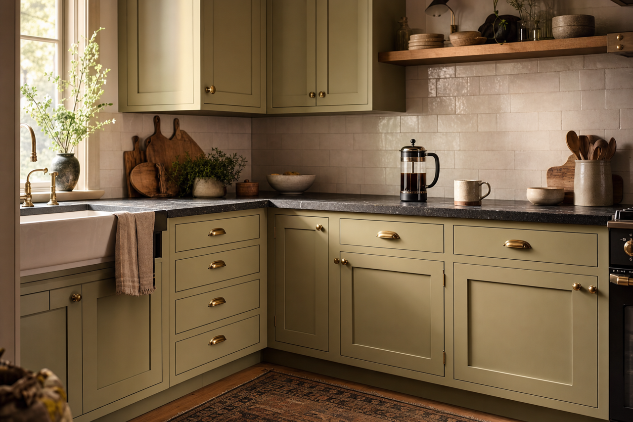 Cool Moss by Valspar on cabinets