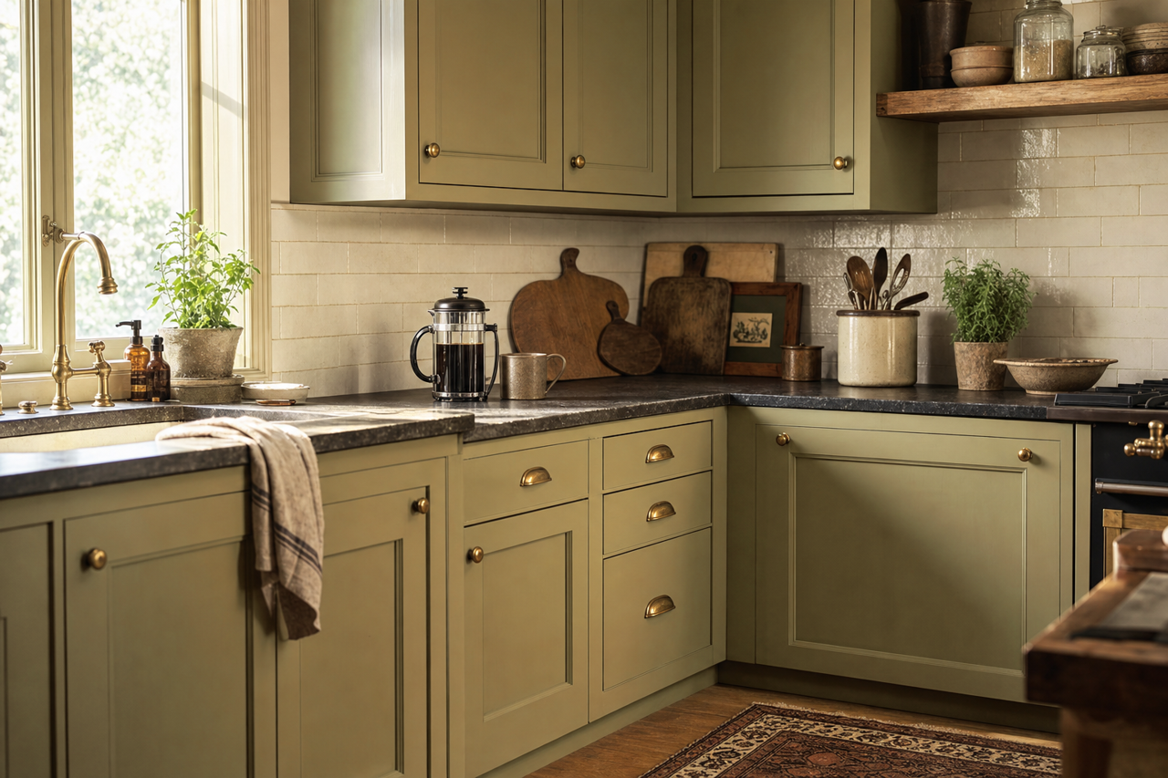 Smoked Olive by Valspar on cabinets