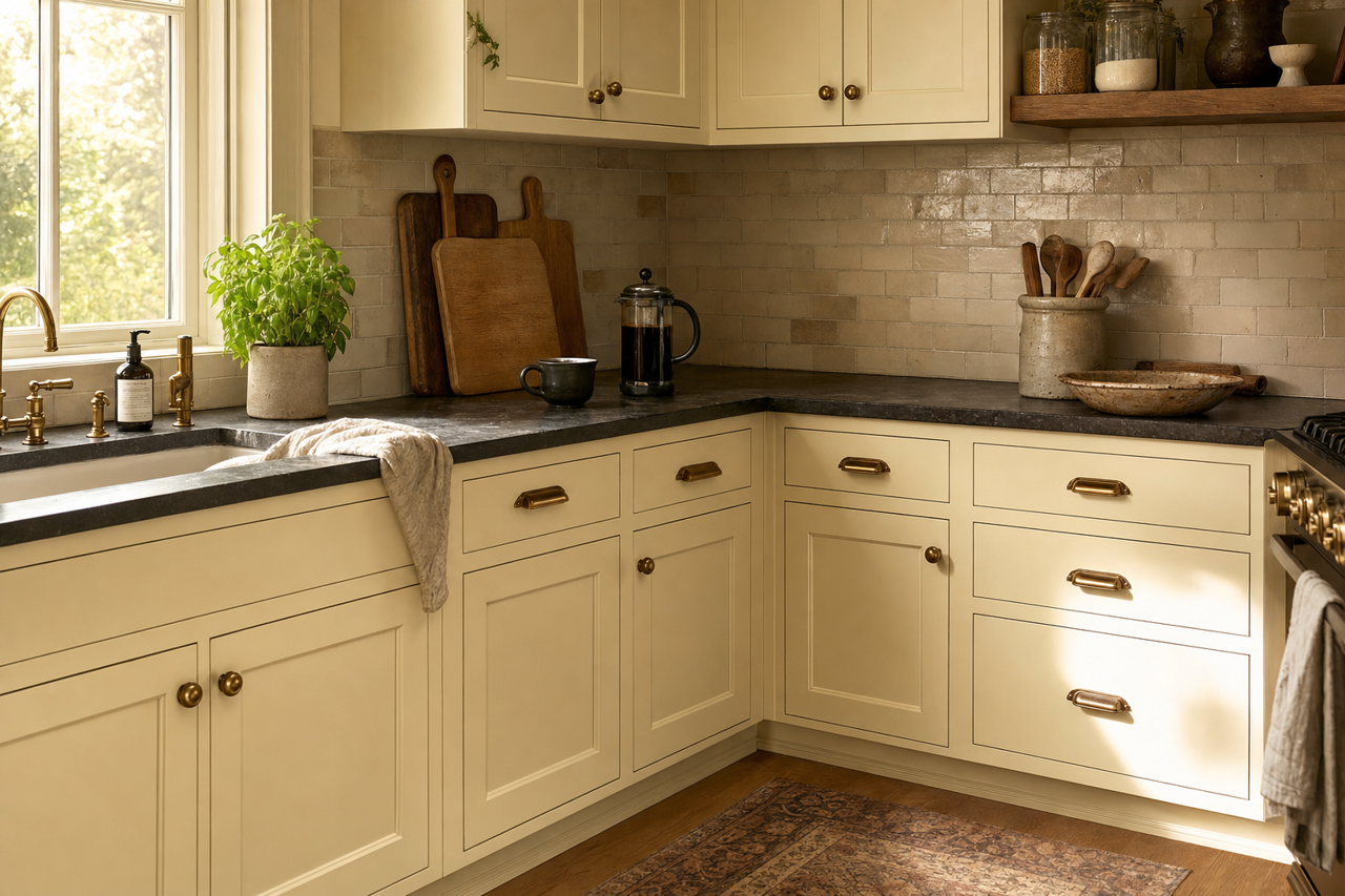 Tempered Sage by Valspar on cabinets
