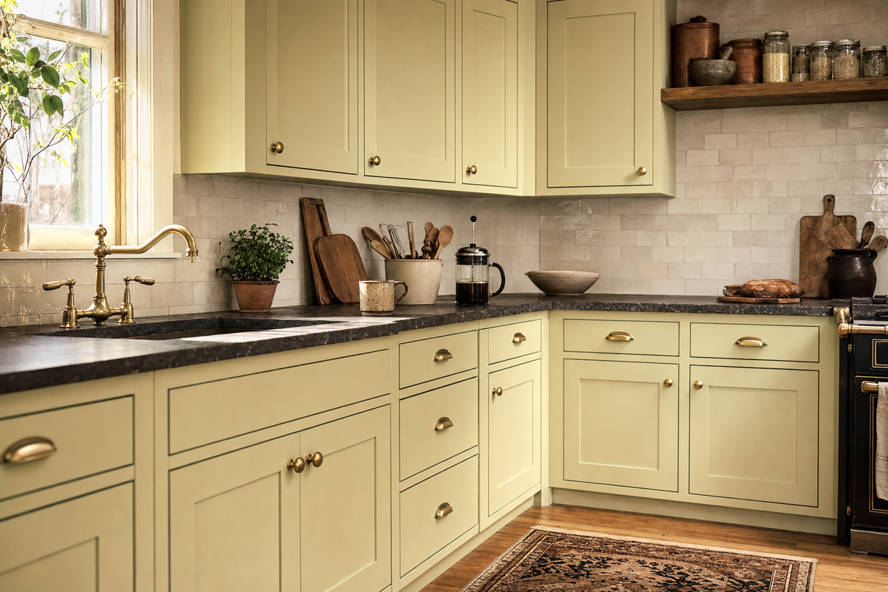 Parlour Sage by Valspar on cabinets