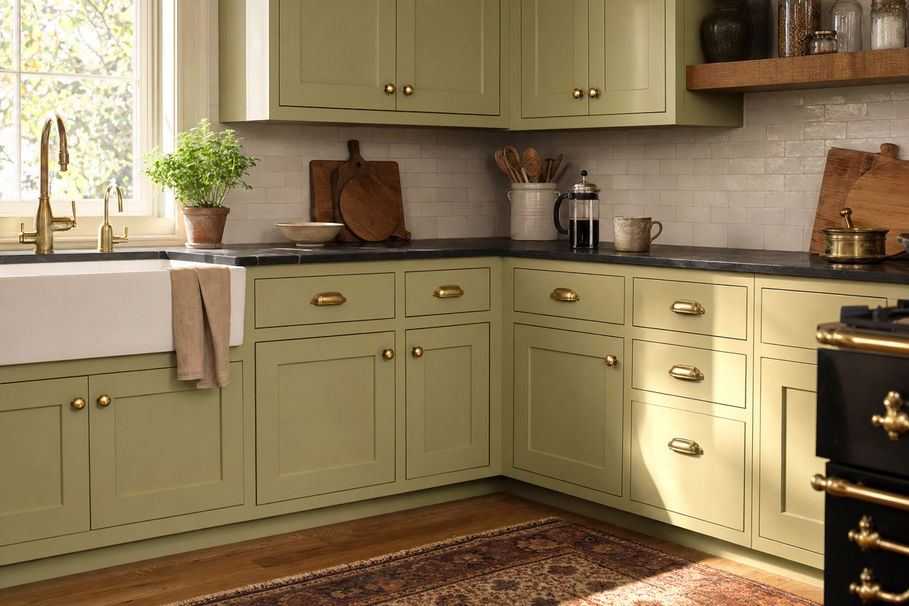 Olive Rush by Valspar on cabinets
