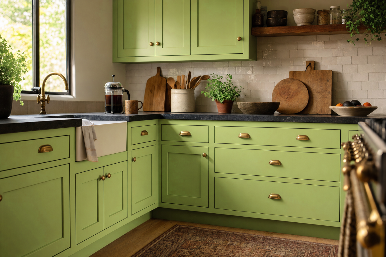 Green Gecko by Valspar on cabinets