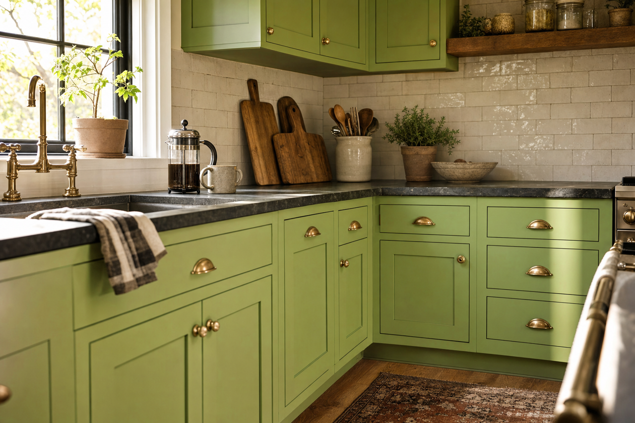 Chopped Chive by Valspar on cabinets