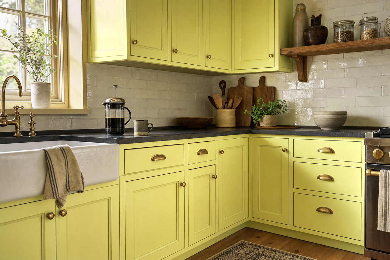 Celery by Valspar on cabinets