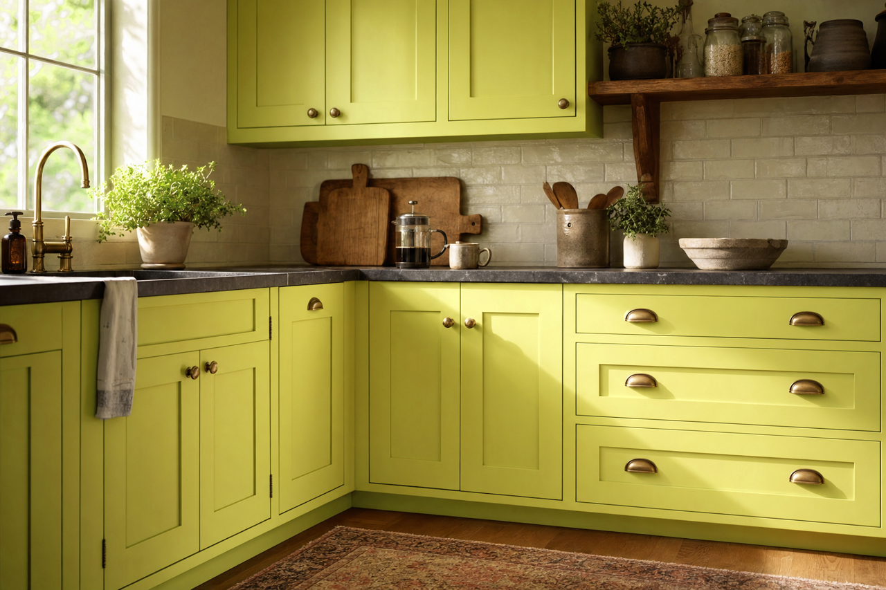 Lime Burst by Valspar on cabinets