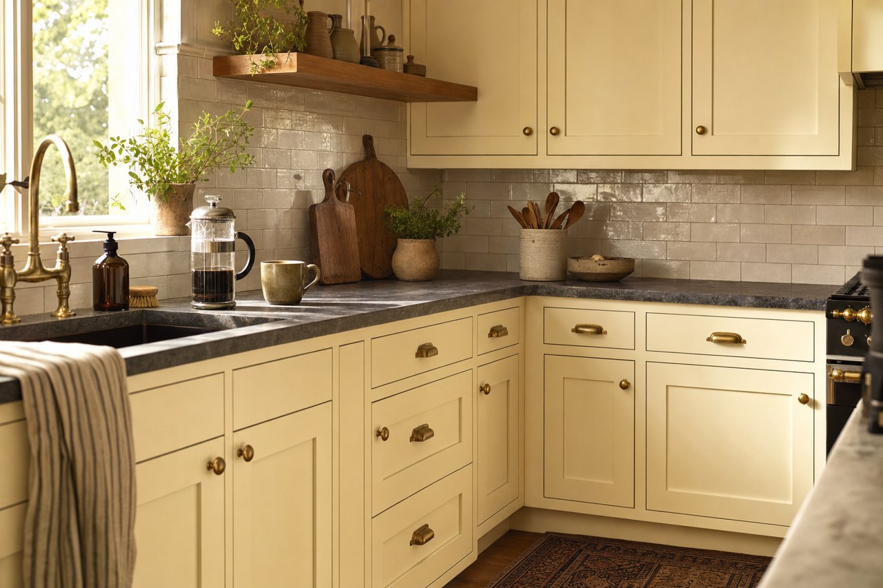 Ginger Sugar by Valspar on cabinets