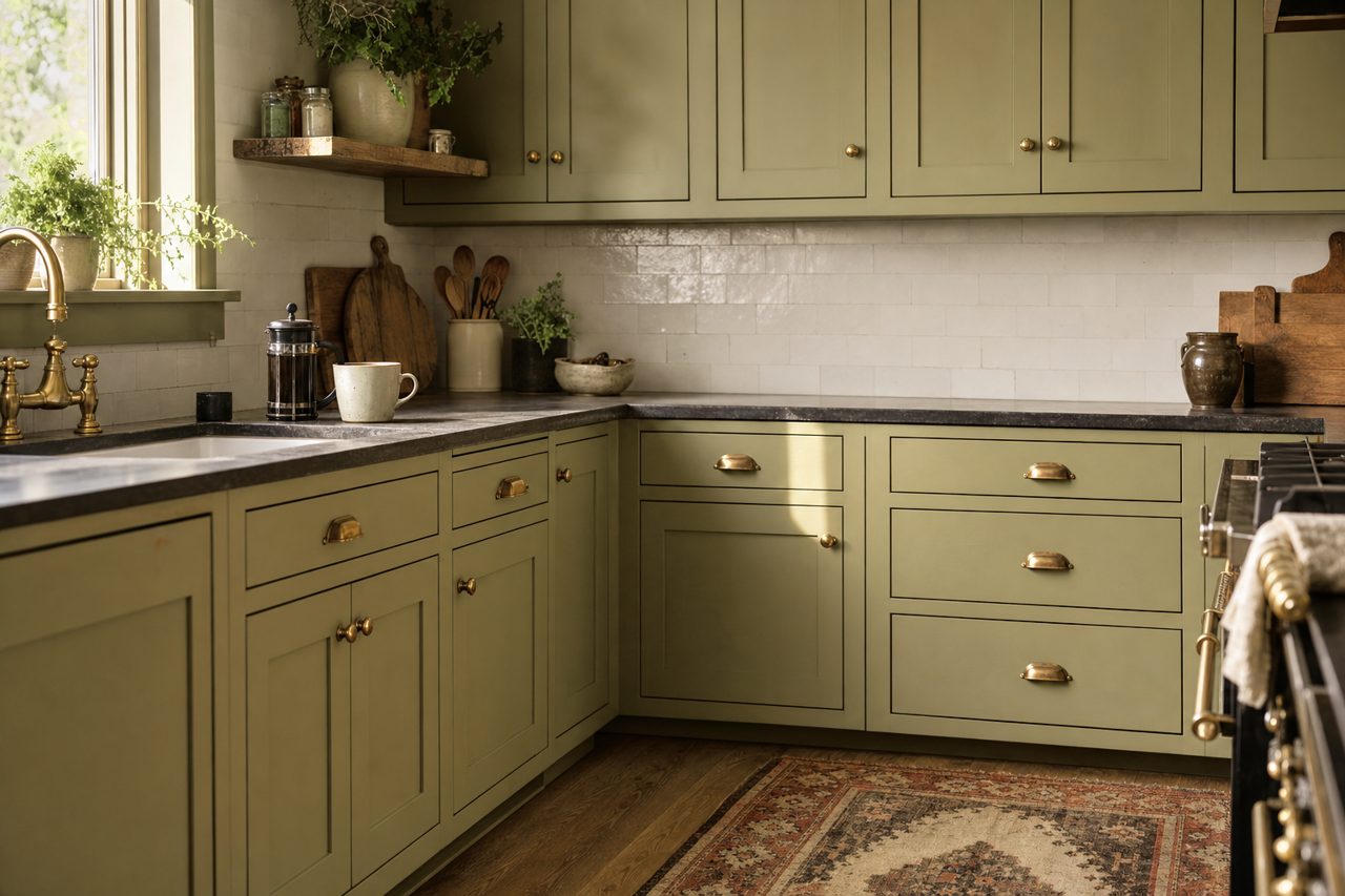 Mountain Olive by Valspar on cabinets