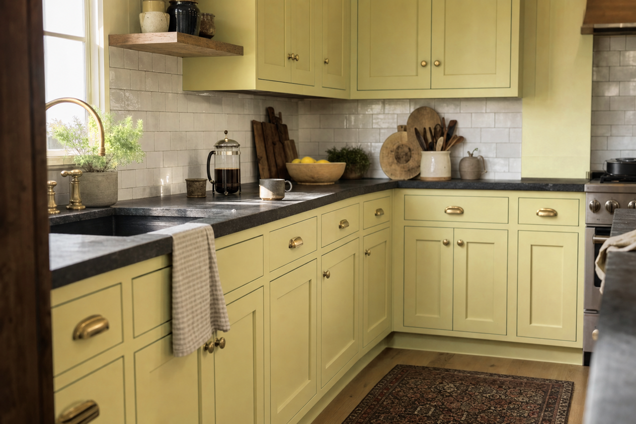 Olive Marinade by Valspar on cabinets