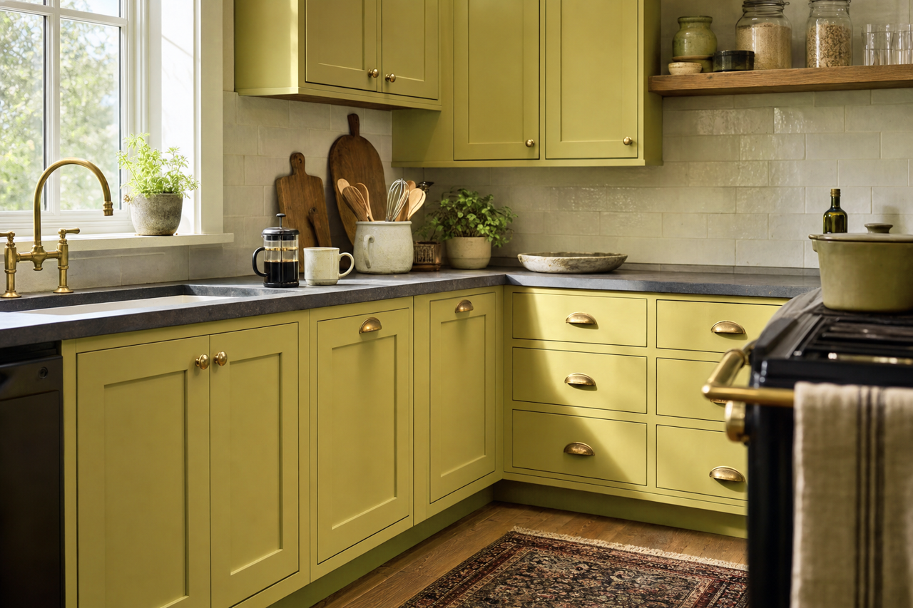 Gilded Pesto by Valspar on cabinets