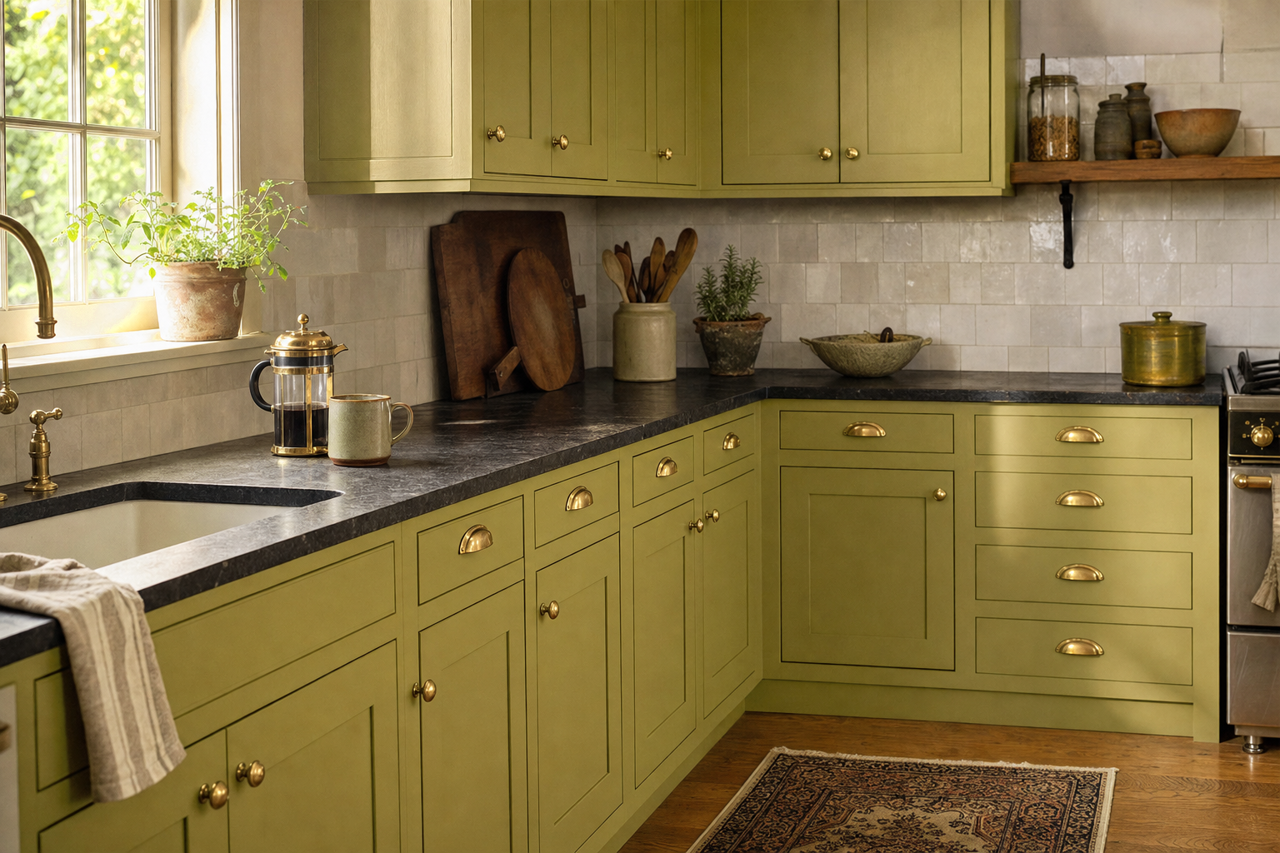 Crushed Oregano by Valspar on cabinets
