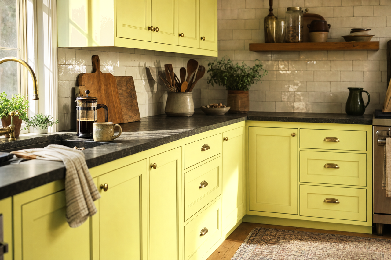 Fluorescent Lime by Valspar on cabinets