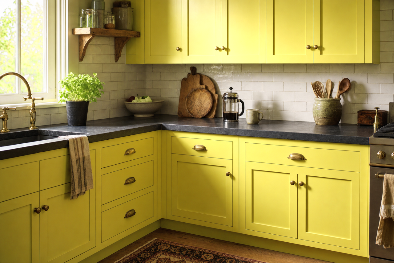 Tangy Dill by Valspar on cabinets