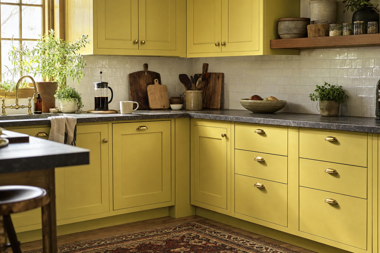 City Chartreuse by Valspar on cabinets