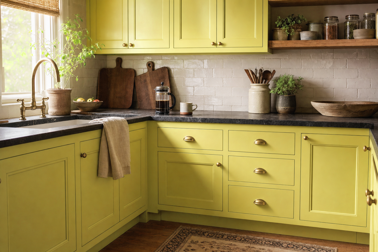 Green Tea by Valspar on cabinets