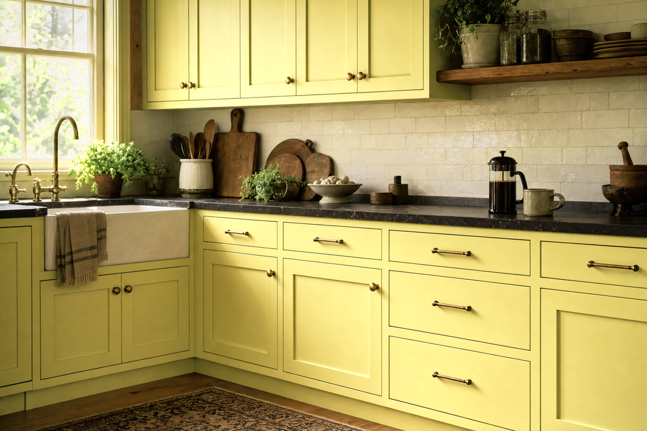 Lime Mousse by Valspar on cabinets