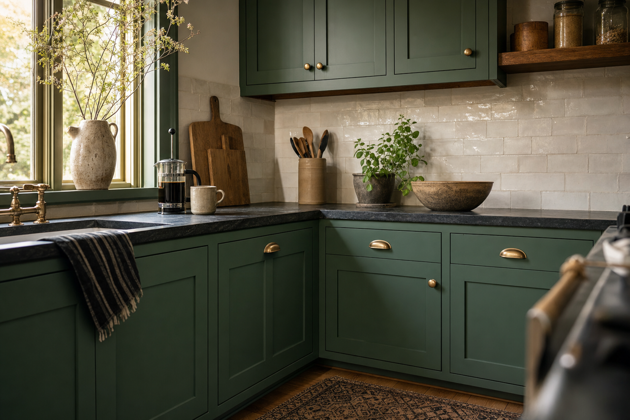 Palace Green by Valspar on cabinets