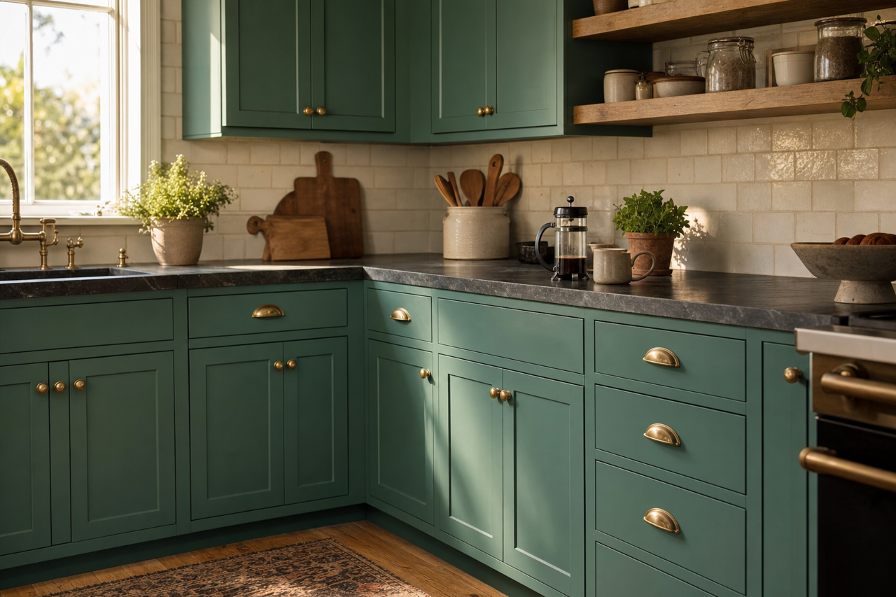 Juniper Green by Benjamin Moore on cabinets