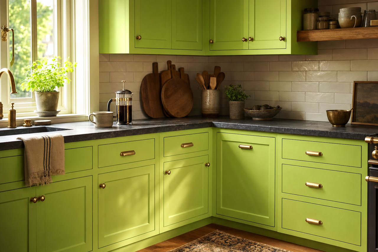 Parakeet Green by Valspar on cabinets