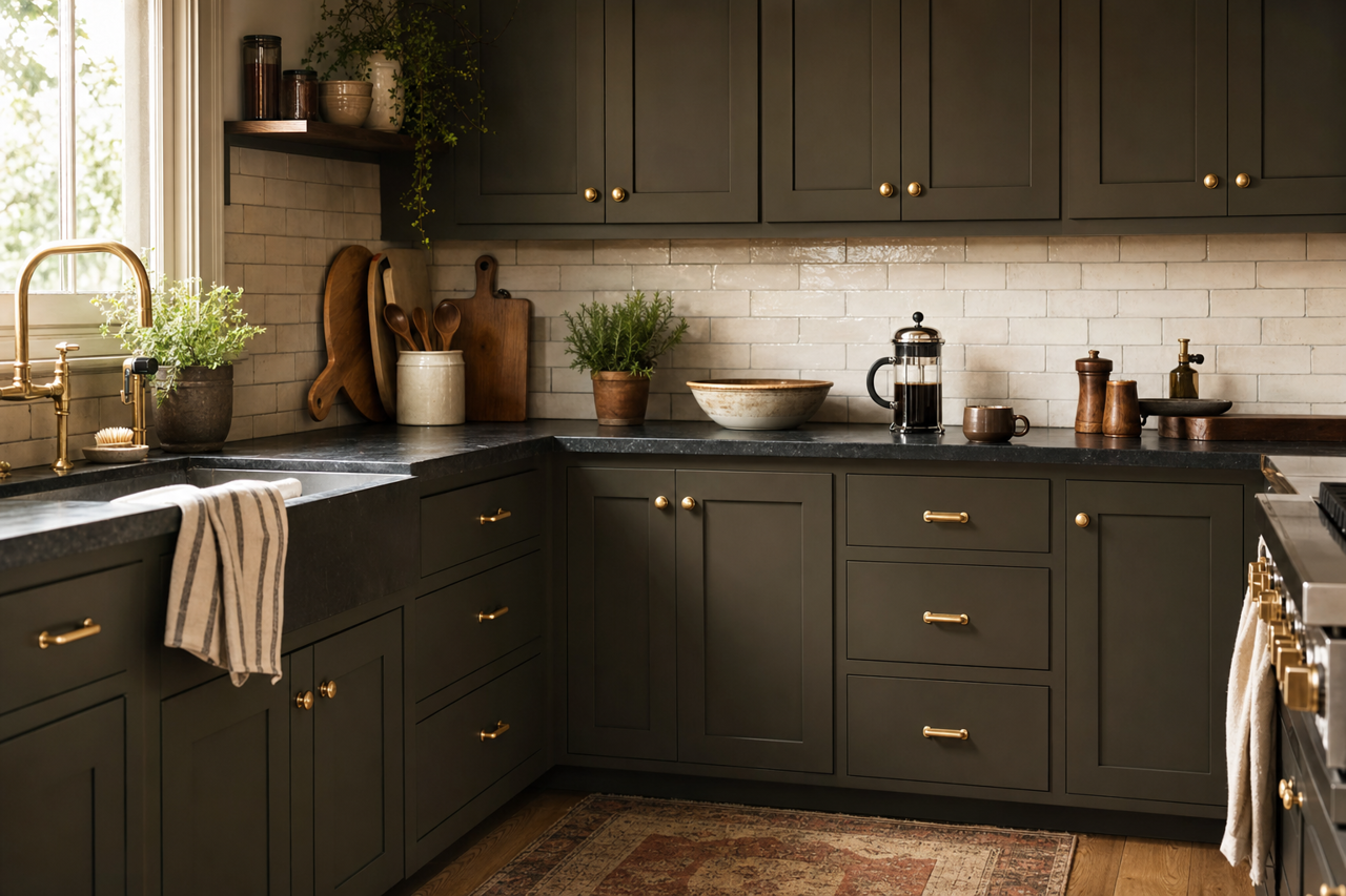 Olive Suede by Valspar on cabinets