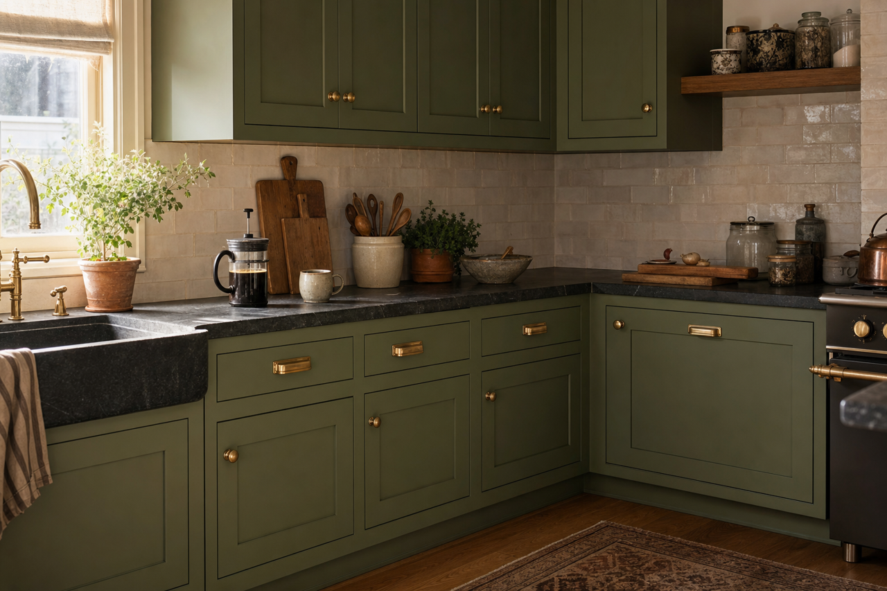 Dark Meadow by Valspar on cabinets