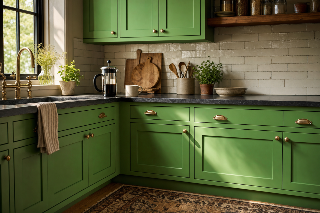 Bright Parrot by Valspar on cabinets