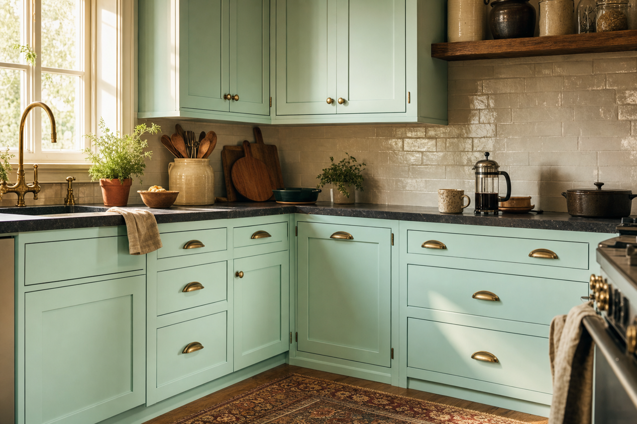 Biscayne Shore by Benjamin Moore on cabinets