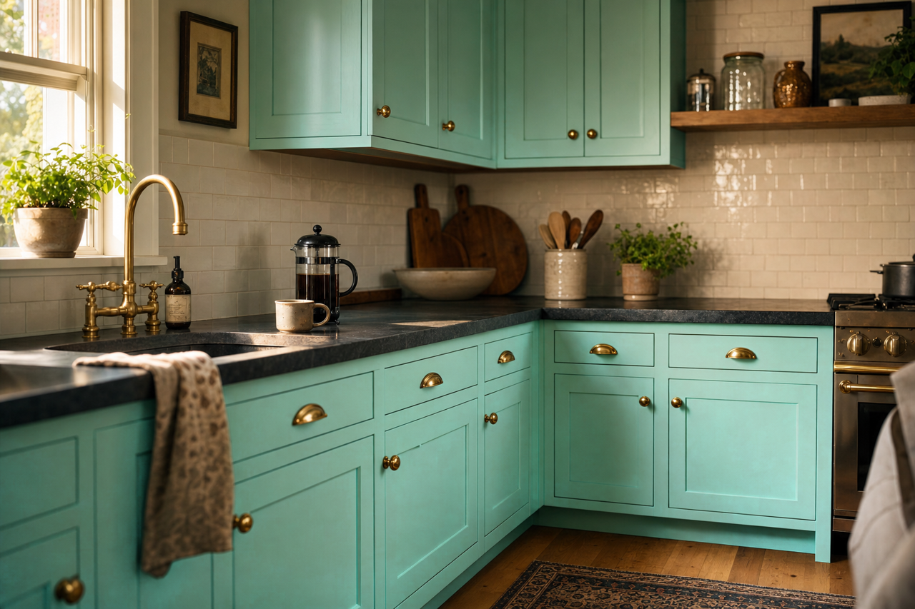Calming Green by Benjamin Moore on cabinets