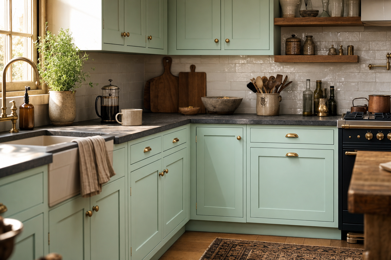 Robin's Nest by Benjamin Moore on cabinets