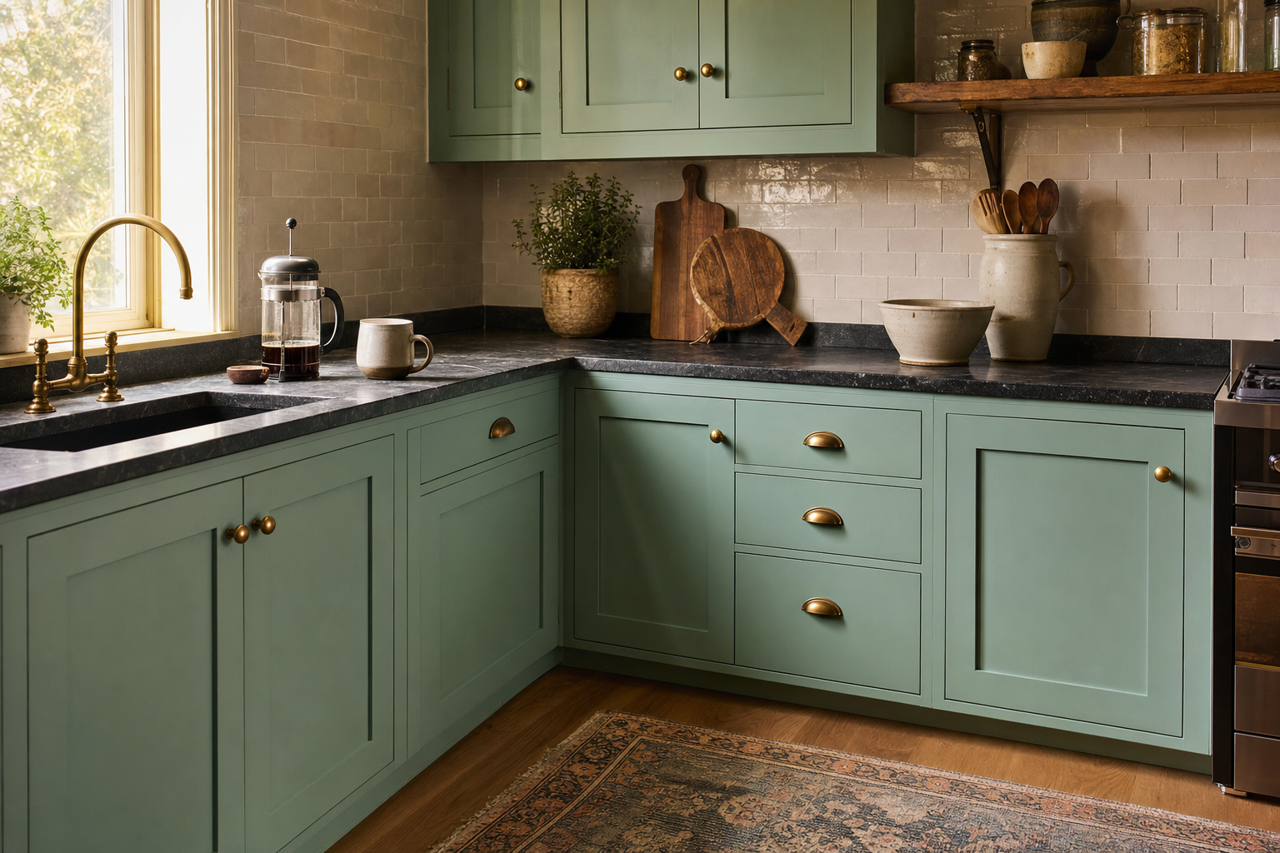 Eucalyptus by Benjamin Moore on cabinets